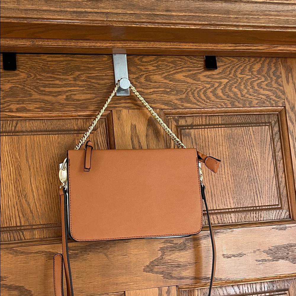 JustFab Brown Crossbody Color block Bag with Gold shoulder strap